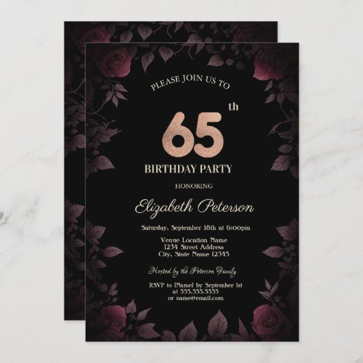 Elegant donker bordeaux Rozen zwart 65e verjaardag Kaart (Voorkant / Achterkant)