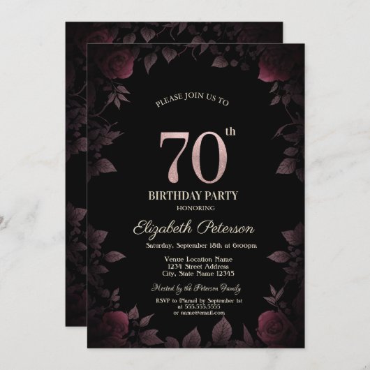 Elegant donker bordeaux Rozen zwart 70e verjaardag Kaart (Voorkant / Achterkant)