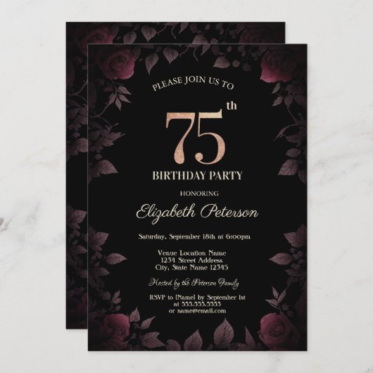 Elegant donker bordeaux Rozen zwart 75e verjaardag Kaart (Voorkant / Achterkant)