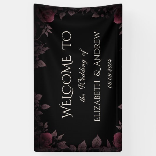 Elegant donker bordeaux Rozen zwart bruiloft Spandoek (Verticaal)