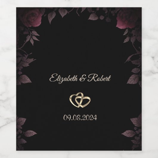 Elegant donker bordeaux Rozen zwart bruiloft Wijn Etiket (Enkel label)