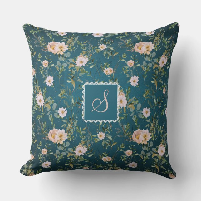 Elegant  Donker Cyaan Bloemen Monogram Patroon Kussen (Voorkant)