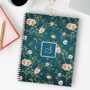 Elegant  Donker Cyaan Bloemen Monogram Patroon Notitieboek