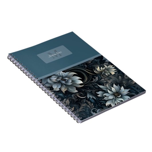 Elegant Donker Gotisch Bloempatroon Monogram Notitieboek (Rechterzijde)