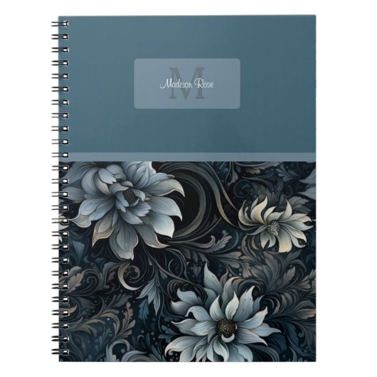 Elegant Donker Gotisch Bloempatroon Monogram Notitieboek (Voorkant)