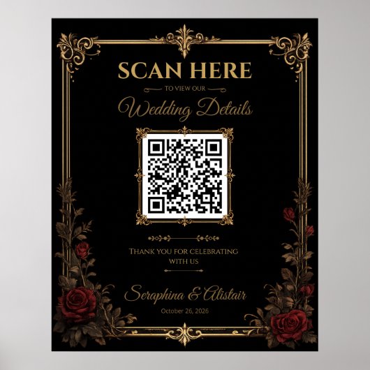 Elegant Donker Gotisch Trouw QR Code Bord Poster (Voorkant)