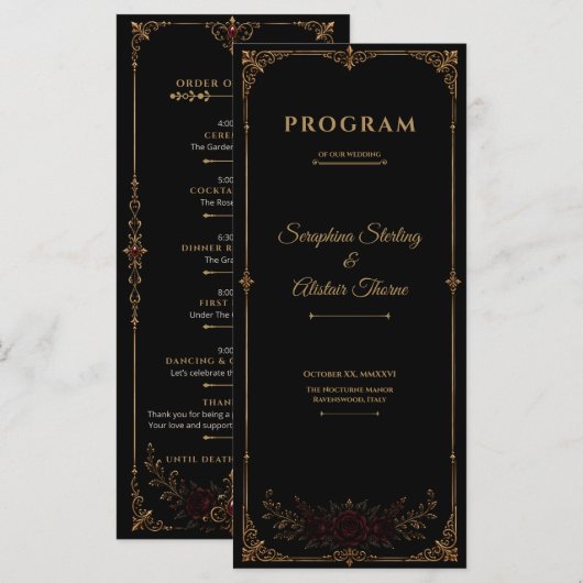 Elegant Donker Gotisch Trouwprogramma Programmakaart (Voorkant / Achterkant)