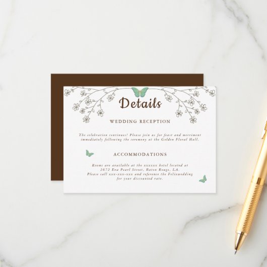 Elegant donker gouden vlinderdetail informatiekaartje (Voorkant / Achterkant in situ)