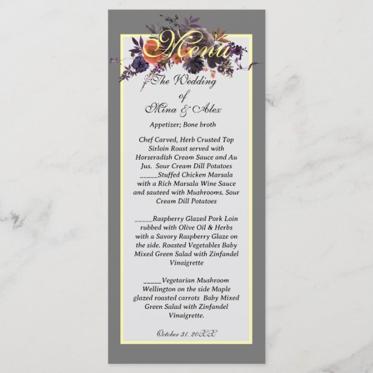 Elegant Donker Herfst Bloemen Grijs Menu (Voorkant)