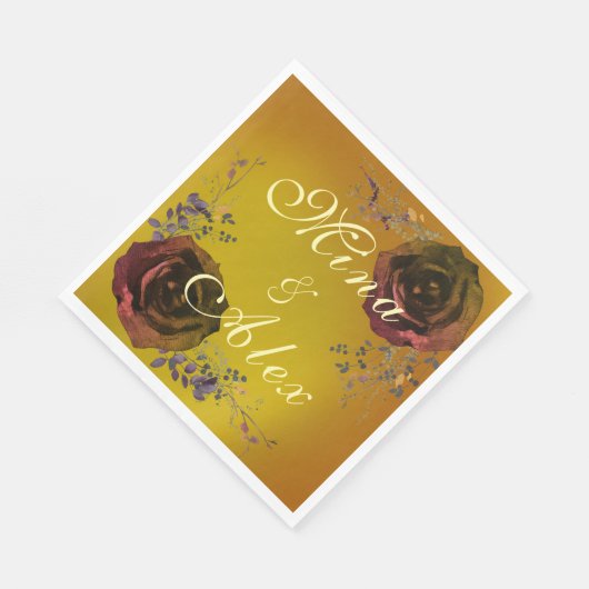 Elegant Donker Herfst Roos Monogram Goud Papier Se Servet (Hoek)