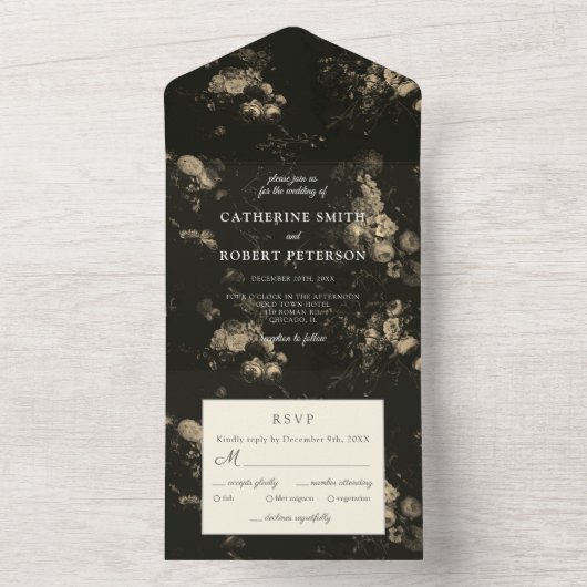Elegant  donker humeurig bloemenbruiloft all in one uitnodiging (Binnen)