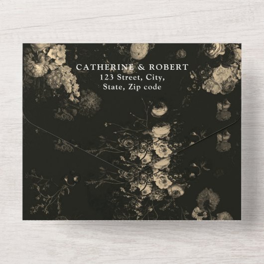 Elegant  donker humeurig bloemenbruiloft all in one uitnodiging (Achterkant)