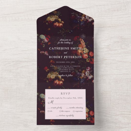 Elegant  donker humeurig bloemenbruiloft all in one uitnodiging (Binnen)