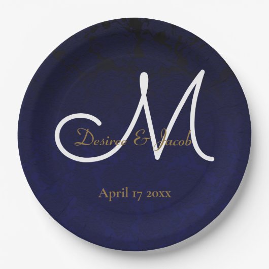 Elegant Donker Navy Blauw Goud Wit Monogram Bloeme Papieren Bordje (Voorkant)