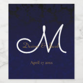 Elegant Donker Navy Blauw Goud Wit Monogram Bloeme Wijn Etiket (Enkel label)