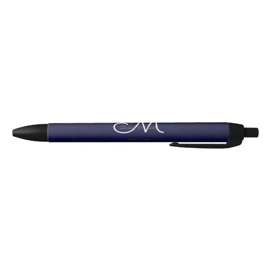Elegant Donker Navy Blauw Goud Wit Monogram Bloeme Zwarte Inkt Pen (Bodem)
