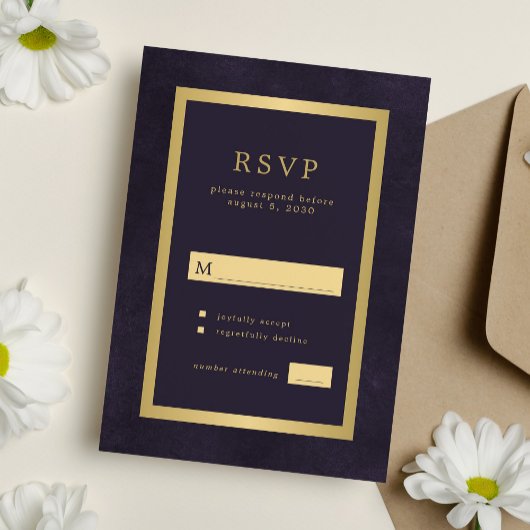 Elegant donker paars goud moderne typografie RSVP kaartje