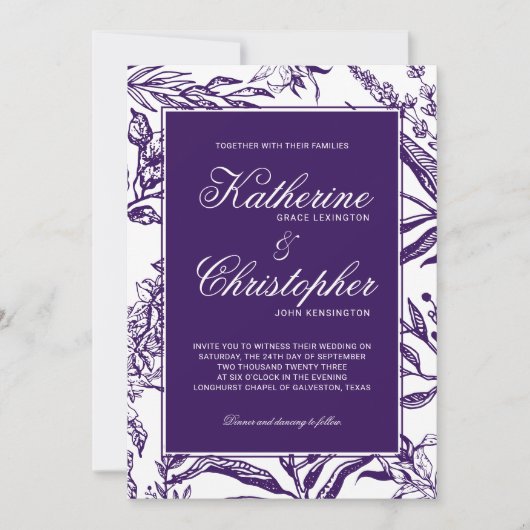 Elegant  Donker Paarse Botanische Bruiloft Kaart (Voorkant)