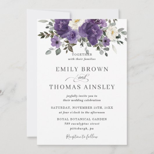 Elegant Donker Paarse Wit Bloemen Groen Bruiloft Kaart (Voorkant)