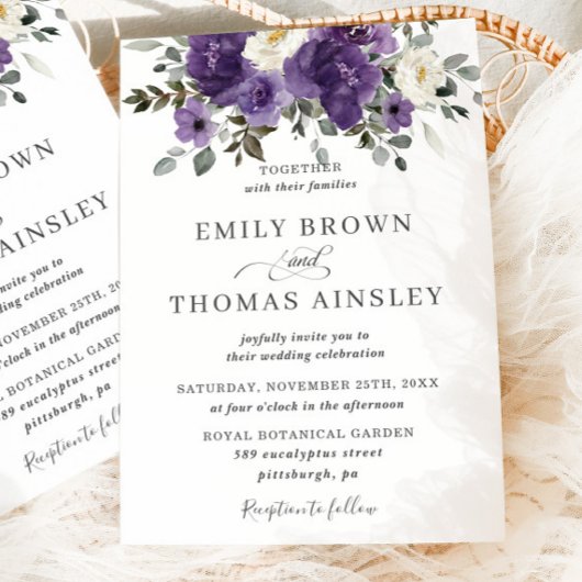 Elegant Donker Paarse Wit Bloemen Groen Bruiloft Kaart