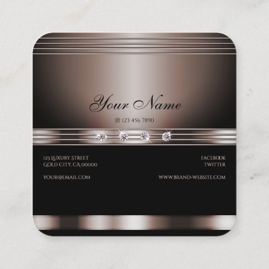 Elegant Donker Roos Goud en Zwart met Strass Vierkante Visitekaartje (Achterkant)