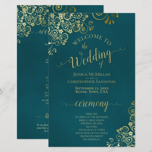 Elegant donker turquoise & gouden budgettrouwprogr (Voorkant / Achterkant)