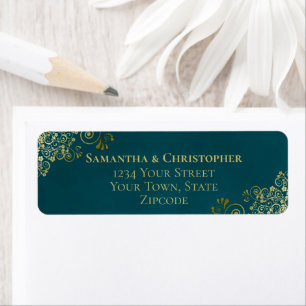 Elegant donker turquoise & gouden trouw retouradre etiket