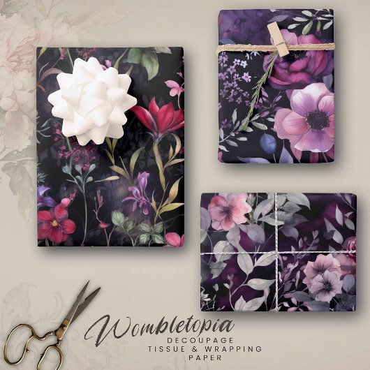 Elegant Donker Victoriaans Paarse Bloemen | Ontkop Inpakpapier Vel