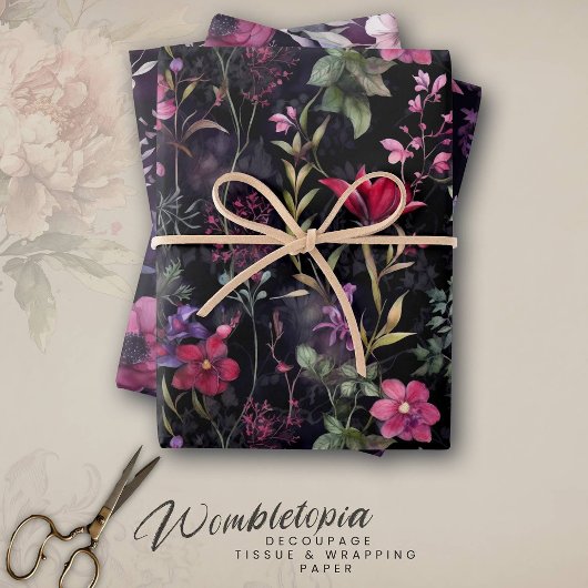 Elegant Donker Victoriaans Paarse Bloemen | Ontkop Inpakpapier Vel