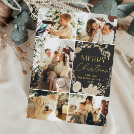 Elegant Donker Wit Goud Bloemen Foto Kerstmis Feestdagenkaart
