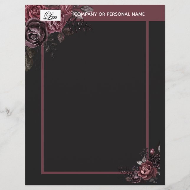 Elegant Donker Zwart Romantisch Roos Bloemendesign Briefhoofd (Voorkant)