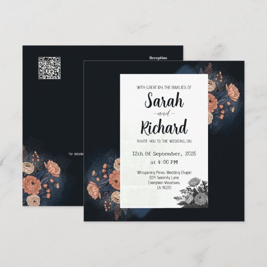 Elegant donkerblauw bloemontwerp met perzik accent kaart (Voorkant / Achterkant)