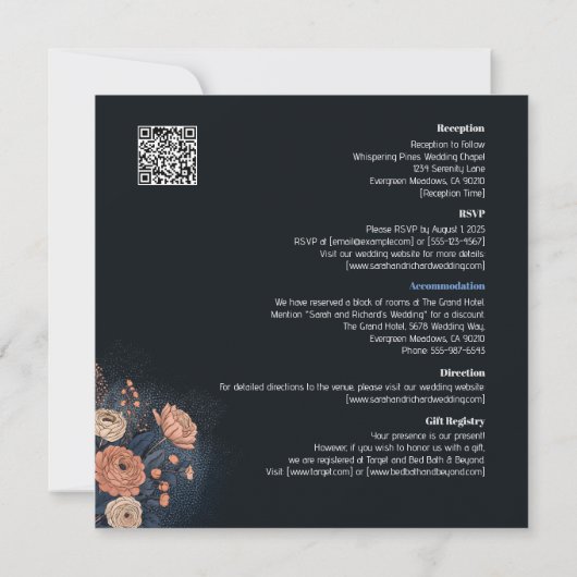 Elegant donkerblauw bloemontwerp met perzik accent kaart (Achterkant)