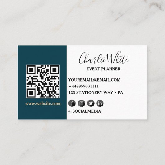 Elegant donkerblauw en bloemig goudblad QR Visitekaartje (Achterkant)