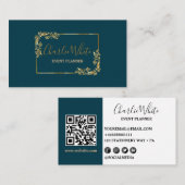 Elegant donkerblauw en bloemig goudblad QR Visitekaartje (Voorkant / Achterkant)