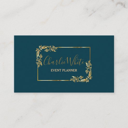 Elegant donkerblauw en bloemig goudblad QR Visitekaartje (Voorkant)