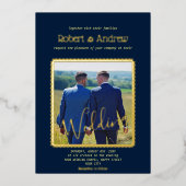 Elegant Donkerblauw en GOLD - homohuwelijk Folie Uitnodiging (Voorkant)