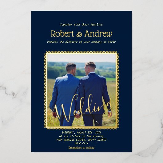 Elegant Donkerblauw en GOLD - homohuwelijk Folie Uitnodiging (Voorkant)