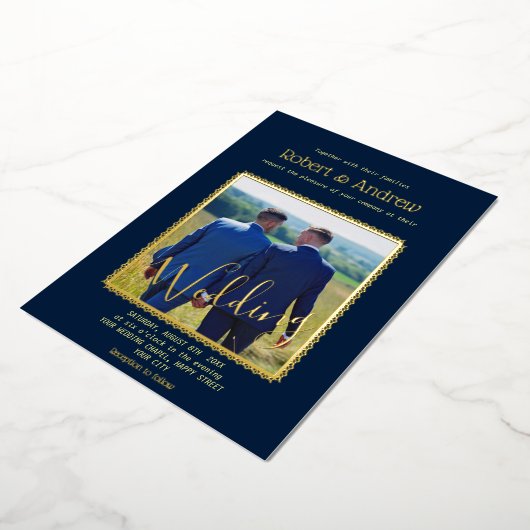 Elegant Donkerblauw en GOLD - homohuwelijk Folie Uitnodiging (Gedraaid)