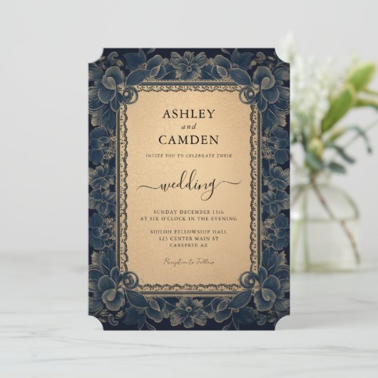 Elegant Donkerblauw en Gouden Huwelijk Kaart (Staand voorkant)