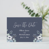 Elegant donkerblauw en witte Floral Save The Date (Staand voorkant)