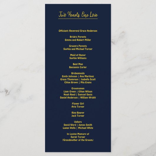 Elegant Donkerblauw & goud Huwelijksprogramma clas Programmakaart (Achterkant)