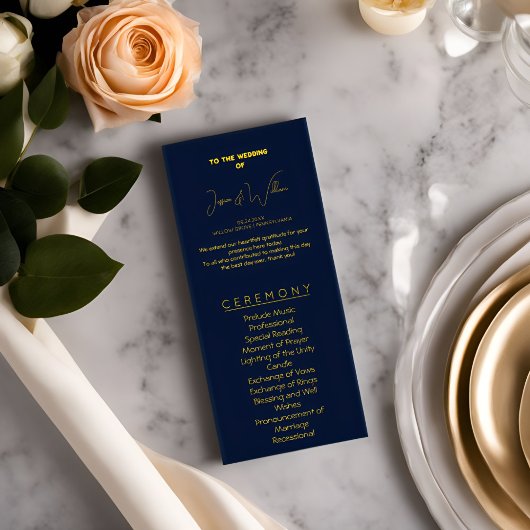 Elegant Donkerblauw & goud Huwelijksprogramma clas Programmakaart