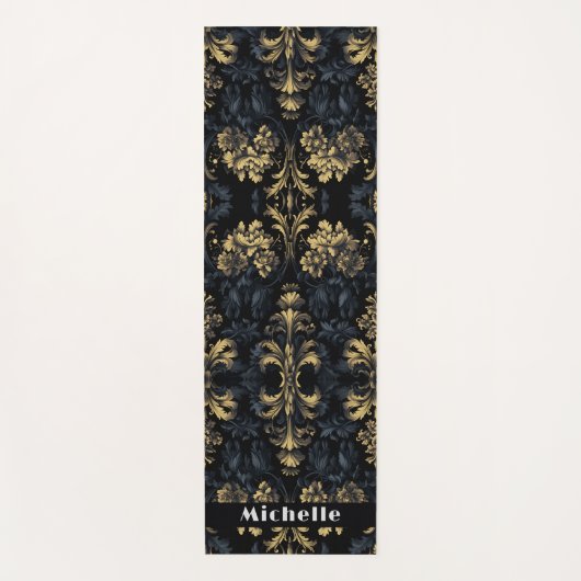 Elegant Donkerblauw Grijs Zwart Goud Bloem Victori Yogamat (Voorkant)