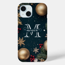 Elegant donkerblauw kerstmonogram iPhone 15 case