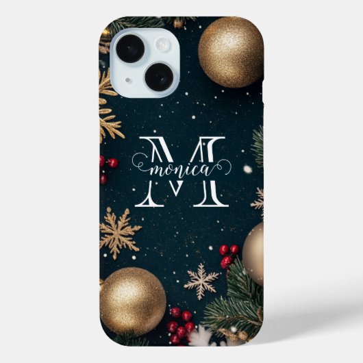 Elegant donkerblauw kerstmonogram Case-Mate iPhone case (Achterkant)
