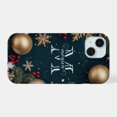Elegant donkerblauw kerstmonogram iPhone 15 case (Achterkant horizontaal)