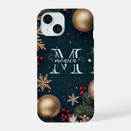Elegant donkerblauw kerstmonogram iPhone 15 case (Achterkant)