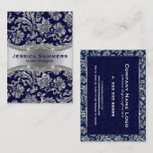 Elegant Donkerblauw & Metallic Zilver Bloemen Dama Visitekaartje (Voorkant / Achterkant)