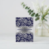 Elegant Donkerblauw & Metallic Zilver Bloemen Dama Visitekaartje (Staand voorkant)
